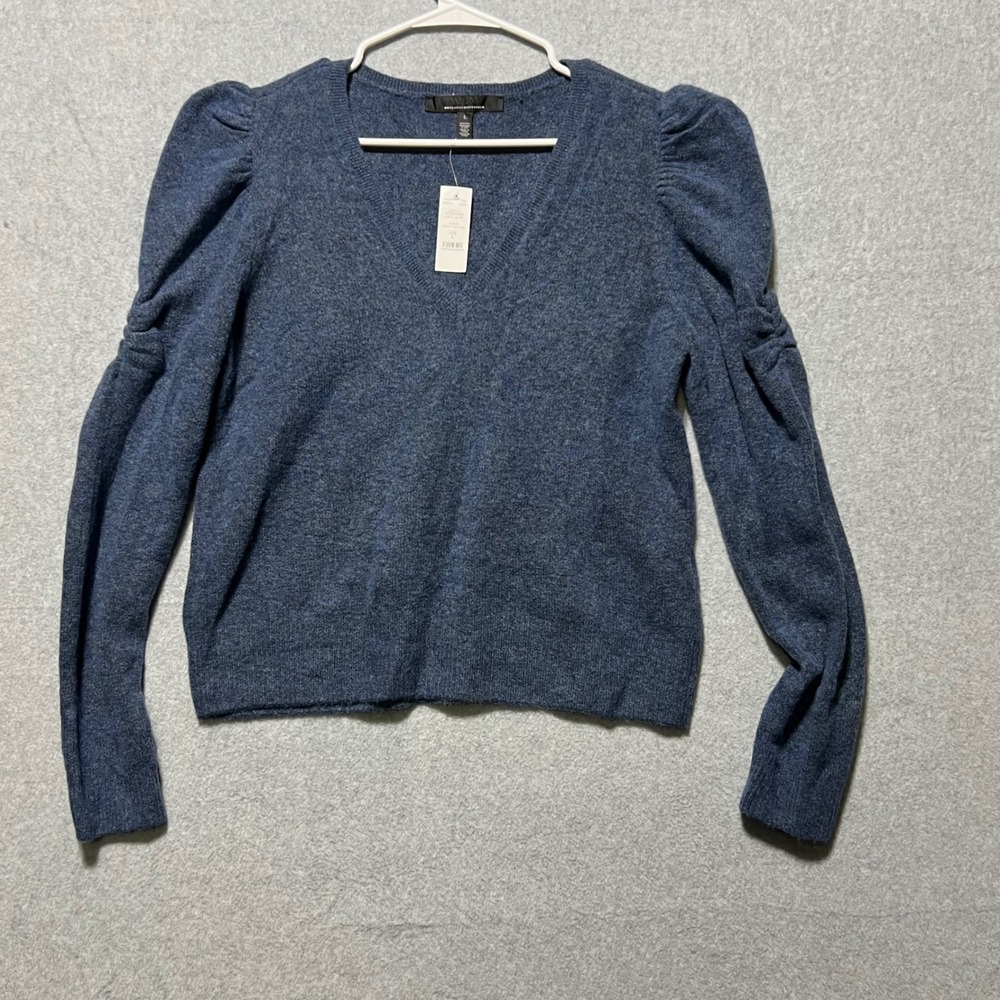 White House Black Market Blue Puff Sleeve V Neck Sweater Size L